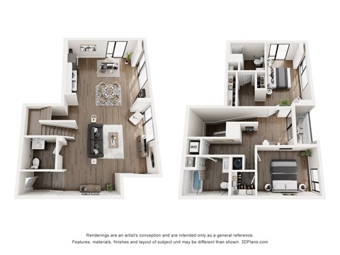 A floor plan of a two-story apartment with a living room, kitchen, and bedrooms.